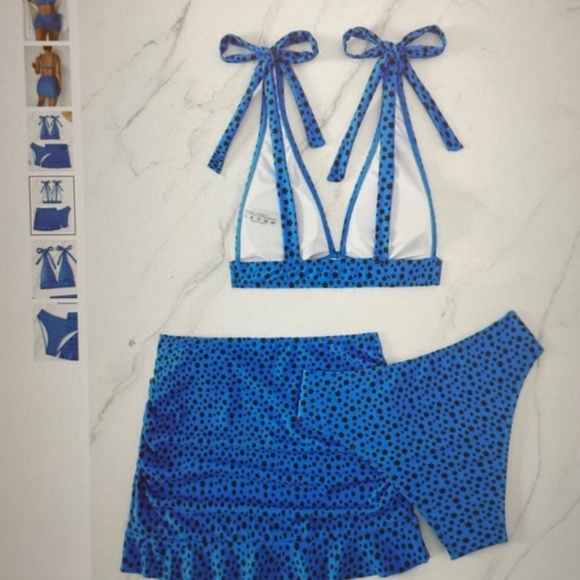 New Ditsy 3-Pcs Floral Tie Shoulder High Waist Bikini with Skirt Blue Various - Picture 3 of 6